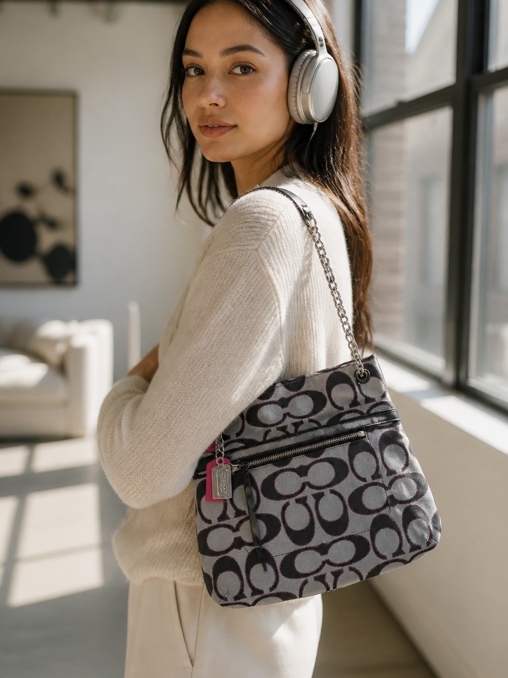 Coach Poppy Metallic Signature Slim Tote Gray Pink Silver Tags (Style 21161)